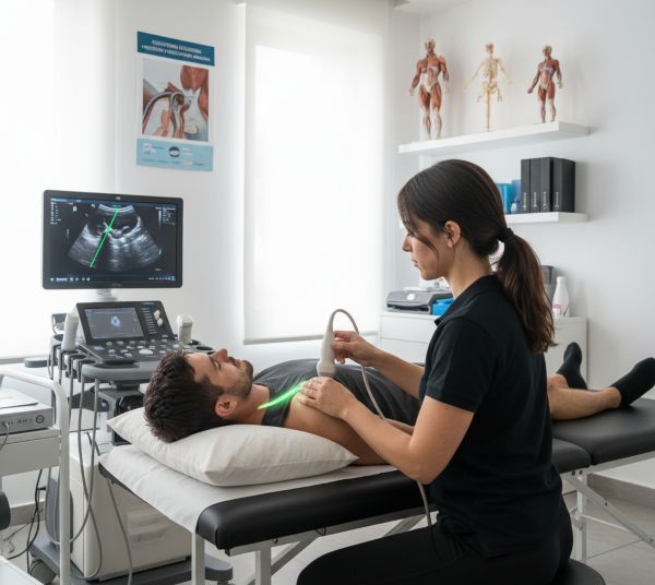 fisioterapia aplicando tratamiento ecoguiado